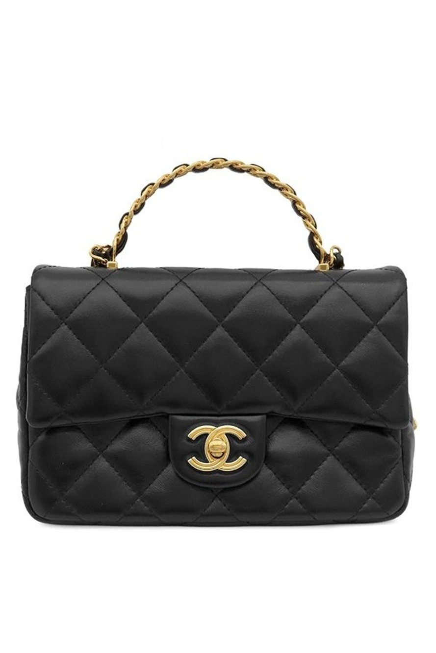 Chanel 2-Way Bag Small Top Handle Flap Lambskin Shiny Black Gold Handbag